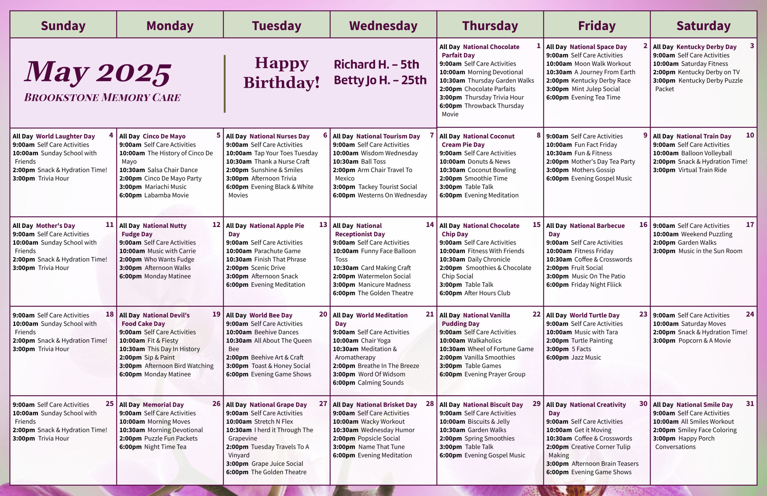 Brookstone Assisted Living & Enhanced Care - Memory Care Events Calendar